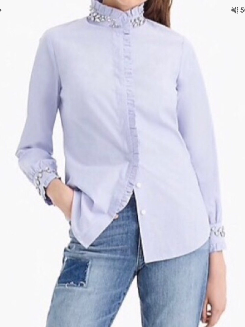 J. Crew Light Blue Ruffle-Trim Button Down Shirt with Embellished Collar Sz 4